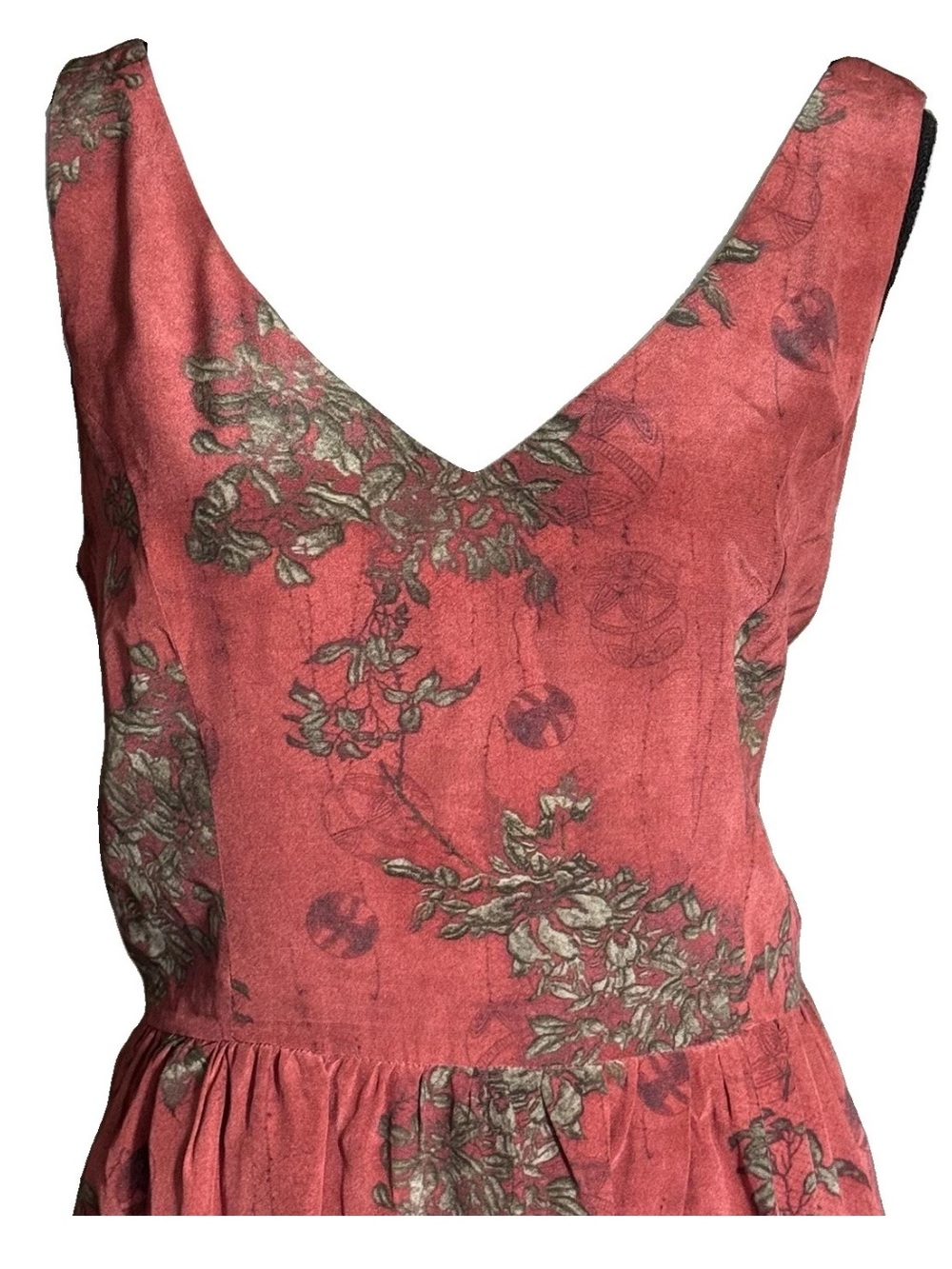 Peruvian Connection 100% Silk A-Line Dress 10 Red Asian Floral V Neck Pockets - Picture 3 of 10